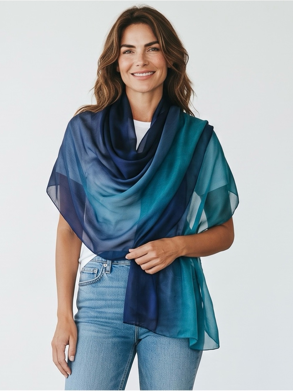 NWT New CYZLANN 100% Silk Blue Ombre Scarf Wrap Size 36'' x 72''